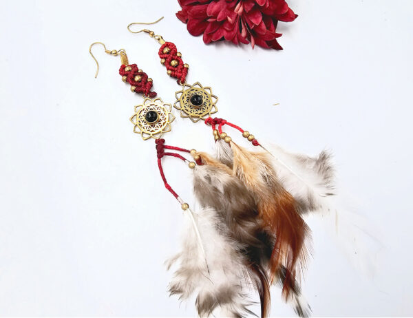 Bohemian Feather Earrings Flower Black Onyx