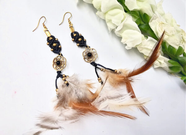 Bohemian Feather Earrings Seed of Life Black Onyx