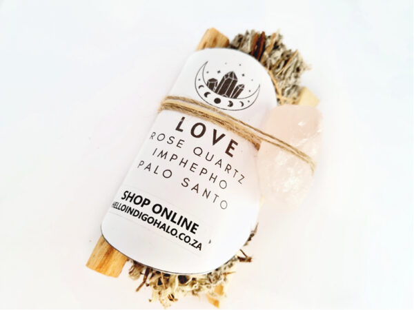 Smudge Stick Love Combo (Rose Quartz), smudge, love, imphepho, palo santo, rose quartz, crystal