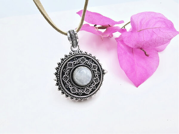 Rainbow Moonstone Round Locket Necklace (Opens)