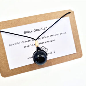 black obsidian sphere necklace, plain black cord, crystal, black gemstone