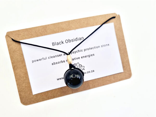 black obsidian sphere necklace, plain black cord, crystal, black gemstone