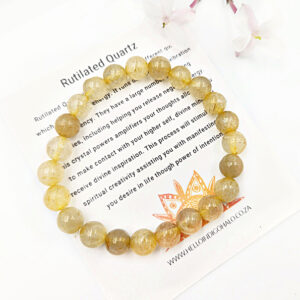 Rutilated Quartz Round Beaded Bangle, polished gem bracelet, Rutilated Quartz