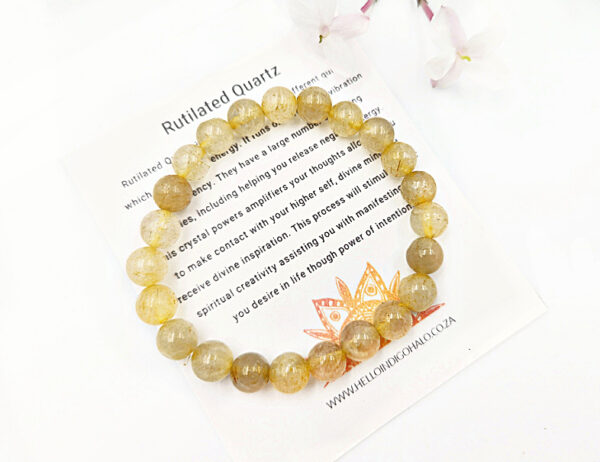 Rutilated Quartz Round Beaded Bangle, polished gem bracelet, Rutilated Quartz