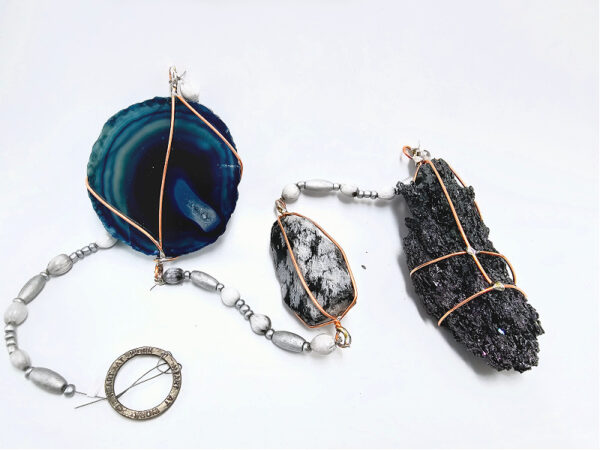 Blue Agate, Snowflake Obsidian & Carborundum Crystal Mobile (85cm)