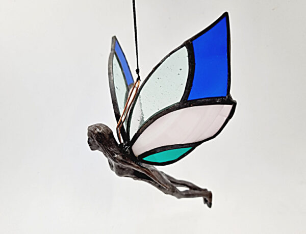 Pink & Blue Stained Glass Flying Fairy (13cm)