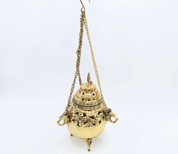 thurible brass, gold, resin, incense powder, charcoal, three chains, swing back and fourth, hang up, The lid is secured with a chain