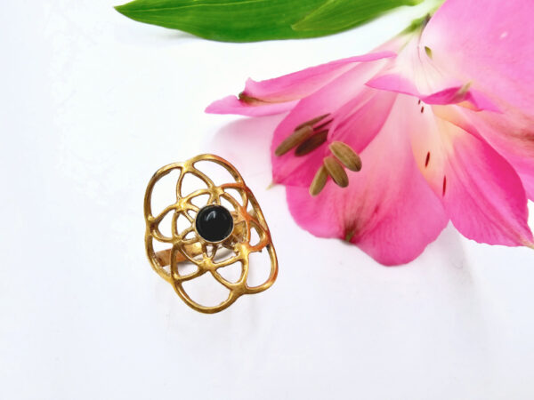 Black Onyx Flower Of Life Ring (Brass)