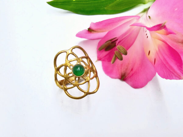 Green Jade Brass Flower Of Life Ring