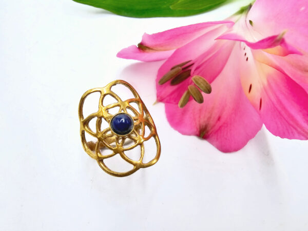 Lapis Lazuli Brass Flower Of Life Ring