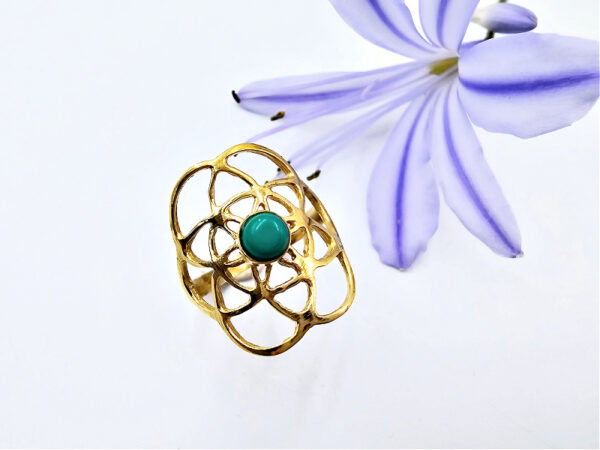 Turquoise Brass Flower of Life Ring