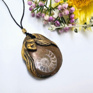 Ammonite Guardian Necklace, crystal, brown with white, ammonite, gemstone, black cord, slip knot