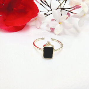 black onyx ring, adjustable, black, 926 silver, square gemstone