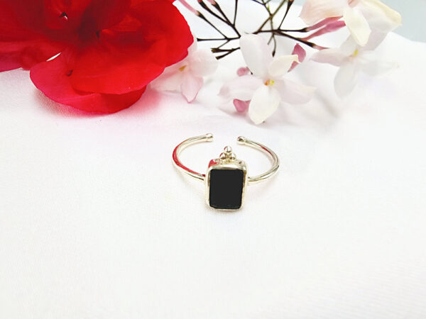 black onyx ring, adjustable, black, 926 silver, square gemstone