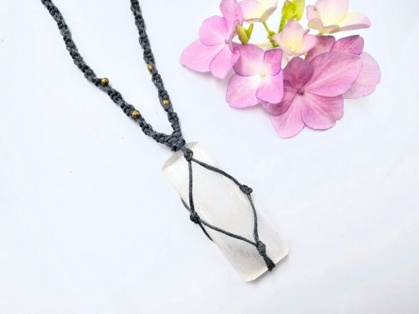 Selenite Macrame Necklace Grey