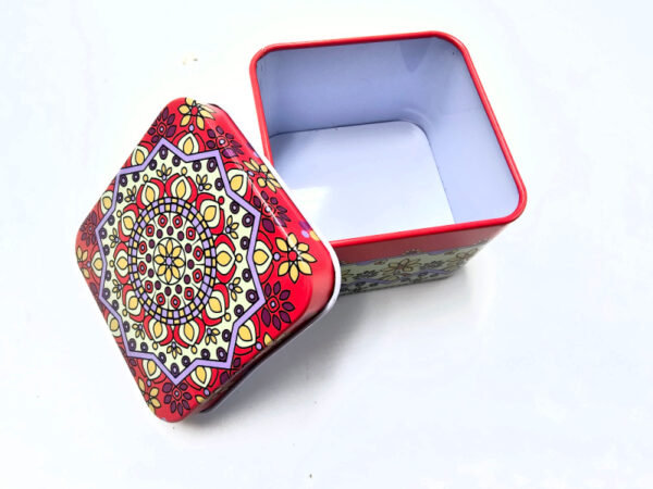 Storage Tin Square (Yellow & Red Pop Mandala)