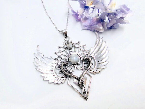 Winged Rainbow Moonstone Necklace (White Brass)