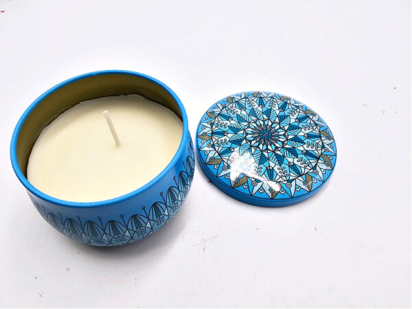 Scented Candle In A Tin (Light Blue Mandala)