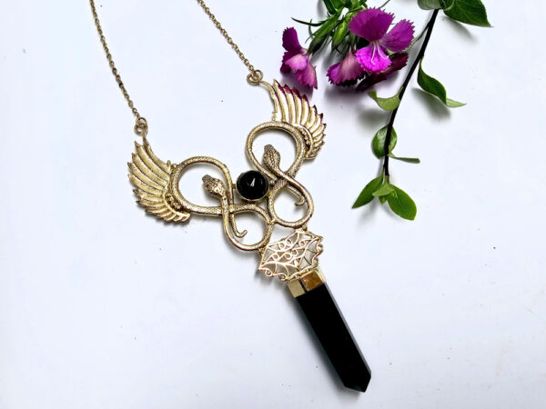 Double Snake Winged Black Onyx Necklace (Brass)