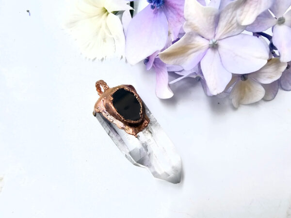 Double Clear Quartz & Black Tourmaline Copper Pendant