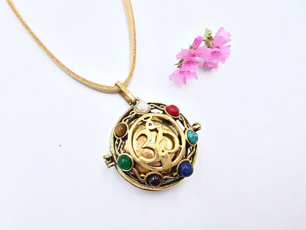 Harmony Bell Necklace OM Sign & 7 Chakra Stones (Brass)