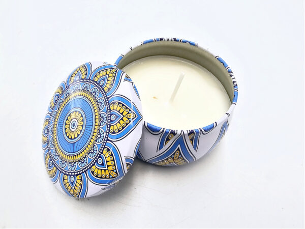 Scented Candle In A Tin (Blue & White Mandala)