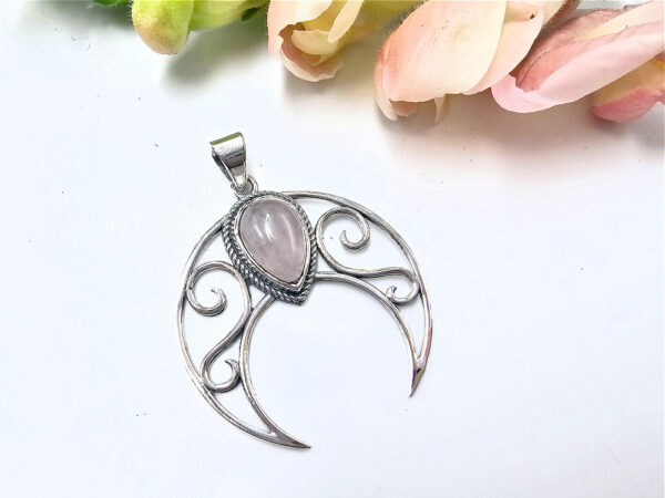 Rose Quartz Crescent Moon Pendant (925 Silver)