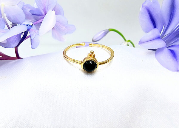 Brass Round Black Onyx Round Ring With Circles (Adjustable)